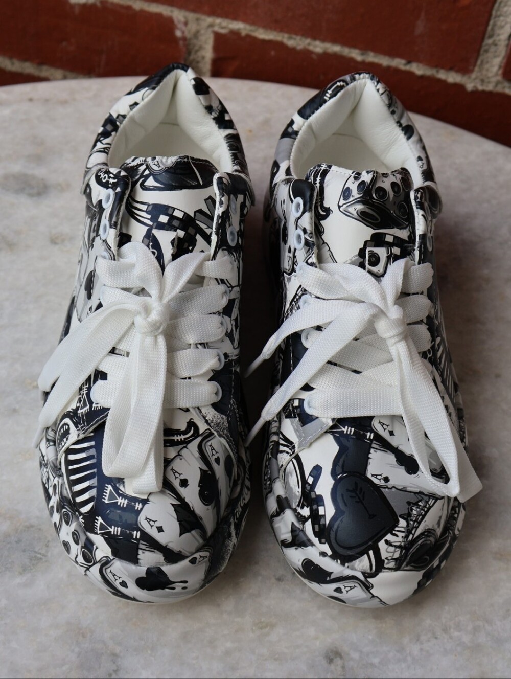 Casino-Themed Graffiti Black & White Chunky Platform Sneakers.